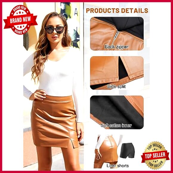 Faux Leather Pencil Skirt High Waisted Bodycon Mini with Built-in Shorts - Picture 5 of 7